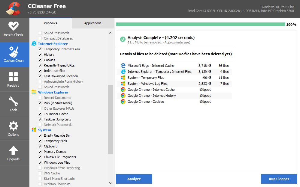 Custom Clean with ccleaner