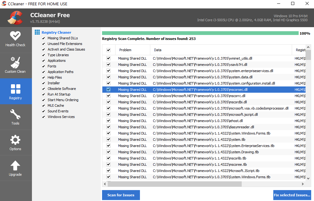 registry clean in Piriform CCleaner