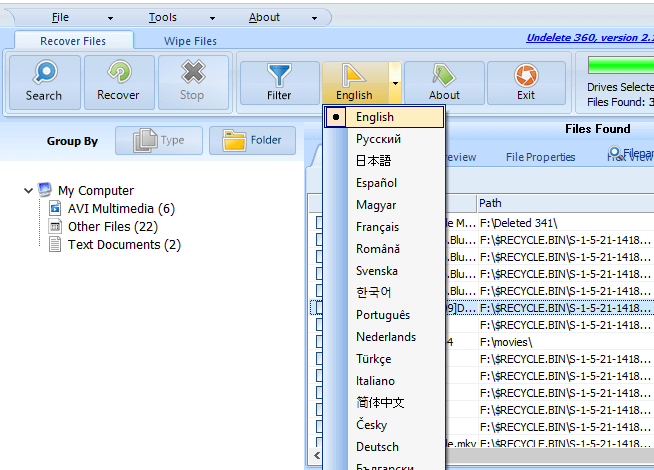 Multilanguage Support in Undelete 360 software