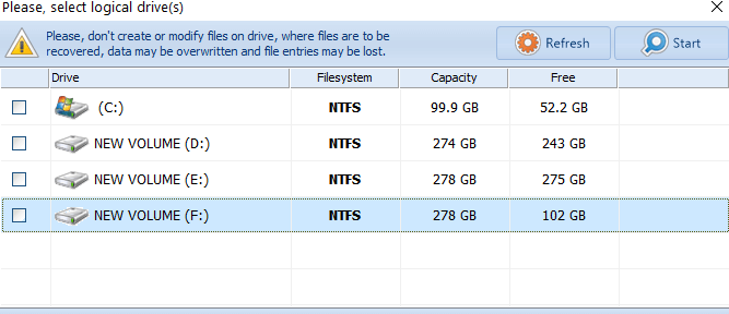 Select the Drive of accidentally deleted files, image recovery tool