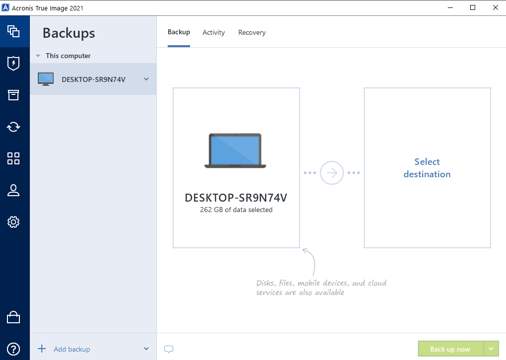 interface of acronis, acronis true image