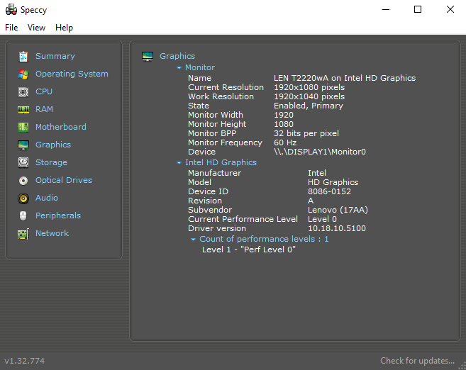 graphics cards information in speccy software