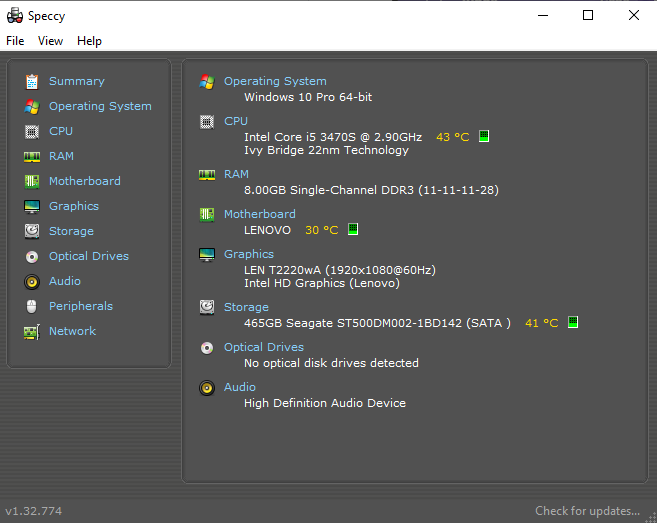 Interface of Speccy cpu temp monitor