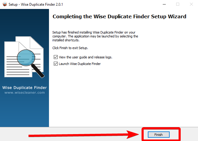Completing the Wise Duplicate Finder Setup Wizard