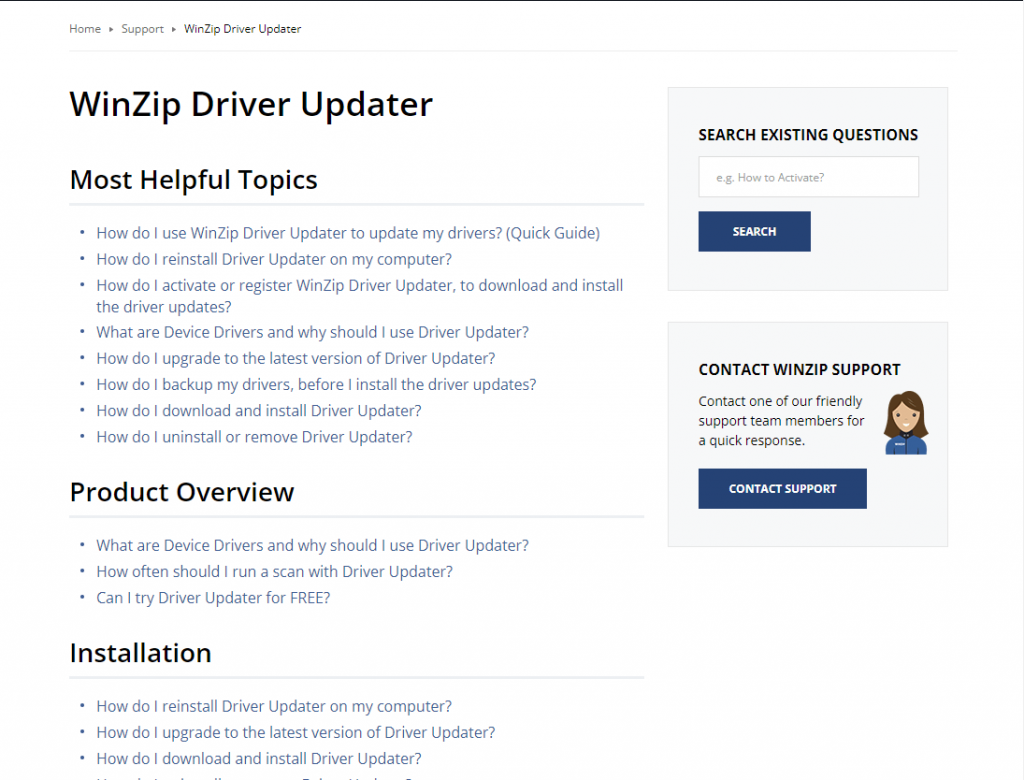 Support page of WinZip Driver Updater