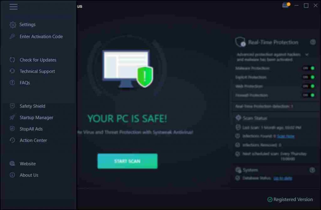 interface of systweak antivirus