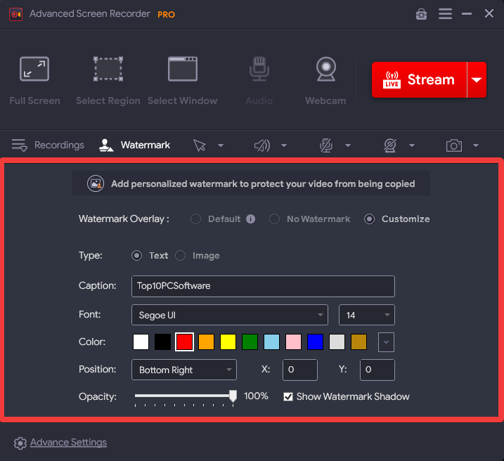 Advanced Screen Recorder - Add or remove watermark