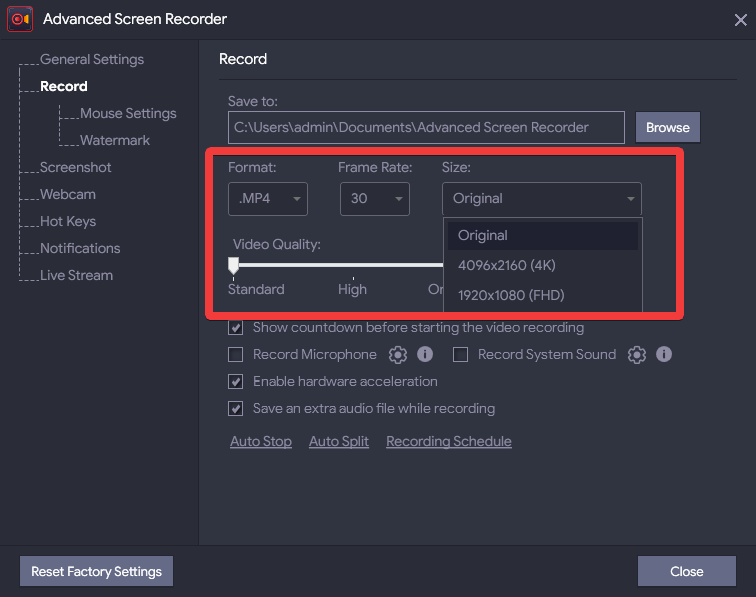 Advanced Screen Recorder video quality settings
