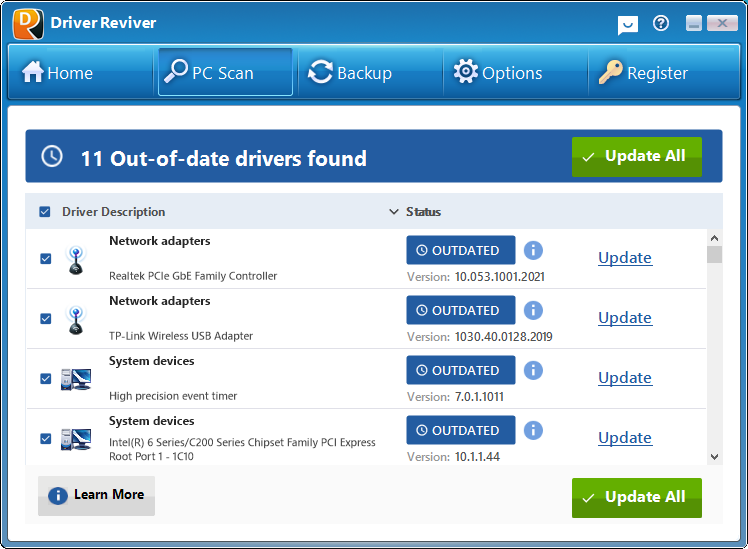 PC Scan tab in driverreviver