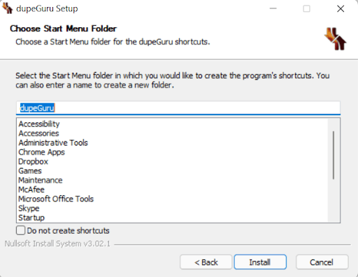 choose start menu folder of dupeguru