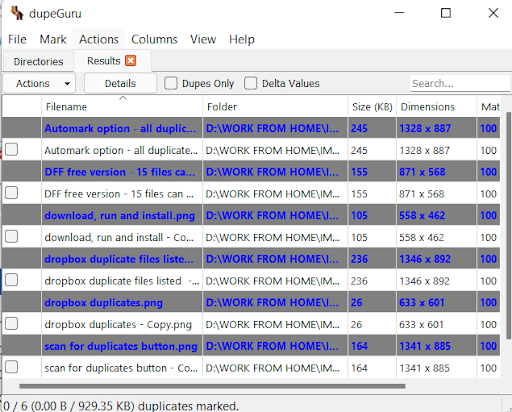 modes - details, dupes only, of dupeguru