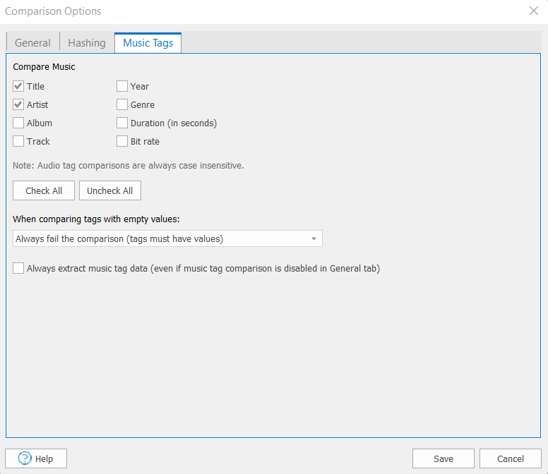 modifications to the Comparision Options