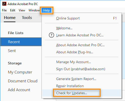 Check-for-updates in Adobe Acrobat DC