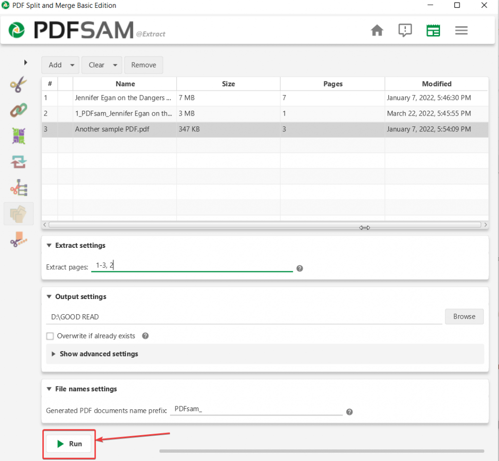 Run Mention a page range in pdfsam