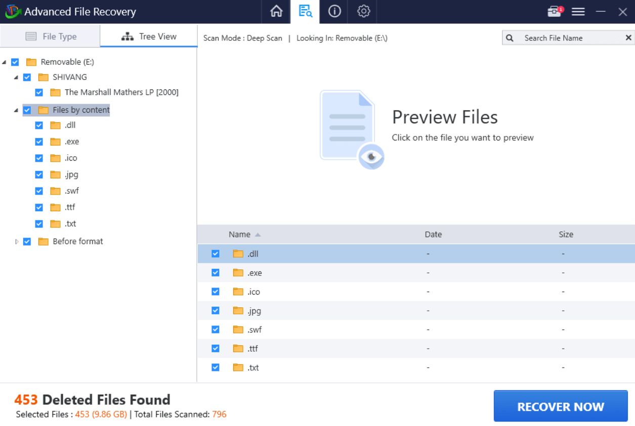 interface of advanced file recovery