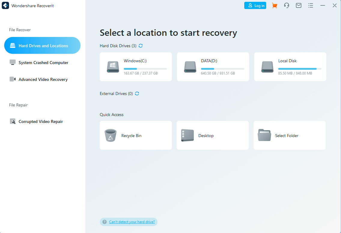 User interface of recoverit